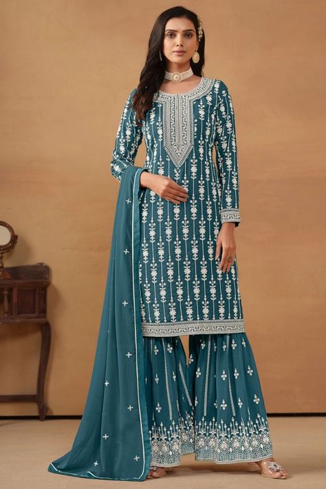 Teal Blue Embroidered Faux Georgette Sarara Kameez Gharara Suits, Designer Salwar Kameez, Lehenga Gown, Georgette Dupatta, Eid Ramadan, Georgette Tops, Palazzo Suit, Teal Blue Color, Teal Top