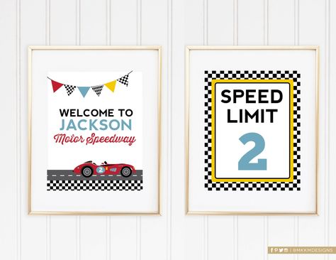 "Head to the races with a set of our Race Car Party Signs. This listing is for 2 8 x 10\" party signs in our racing birthday theme. A customized \"Motor Speedway\" Welcome sign and a custom speed limit sign with the birthday boy's age. Matching party essentials can be found here: www.etsy.com/shop/MKKMDesigns/search?search_query=53 H O W T O O R D E R Select your turnaround time for digital files // 3 Business Days or RUSH 1 Business Day In the Notes To Seller Please Let us Know ►Name of Child a Racing Birthday Party, Vintage Race Car Birthday, Vintage Race Car Party, Speed Limit Sign, Race Car Party Decorations, Car Invitation, Racing Birthday, Racing Theme, Car Banner