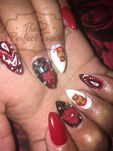 Tupac inspired nail art 50 Cent Inspired Nails, 2pac Nails, Tupac Nails, Anniversary Nails, Bandana Nails, 90s Nails, Acrylic Nails Almond Shape, Character Nails, Acrylic Nails Almond