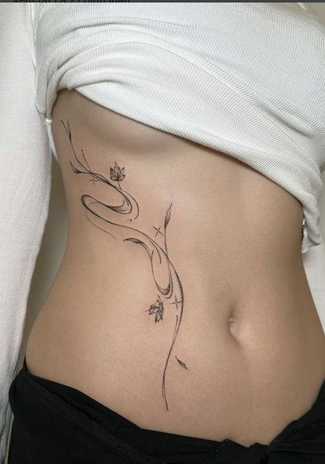 Vertical Waist Tattoo, Swirly Line Tattoo, Elegant Tattoo Placement, Body Flow Tattoo, Backbone Tattoo Women, Half Spine Tattoo, Waist Tattoos For Women Side, Tummy Tattoos For Women, Tattoo On Side Of Stomach