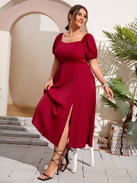 EMERY ROSE Plus Solid Zip Back Split Puff Sleeve Dress | SHEIN USA Plus Size Graduation Outfit College, Graduation Outfit Ideas Plus Size, Modest Graduation Dress, Simple Long Black Dress, Plus Size Birthday Outfit, Classy Plus Size Outfits, Gown Dress Party Wear, New Dress Pattern, Classy Short Dresses