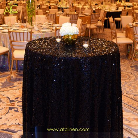 Wedding Cocktail Tables, Black Wedding Decorations, Gold Glitter Wedding, Black Tablecloth, Sequin Table, Table Overlays, Tall Table, Glitter Party, Event Decoration