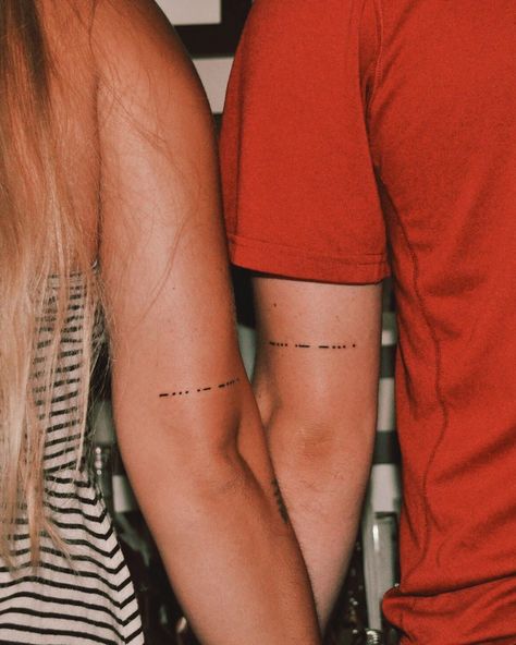 “babe” Morse code tattoo Couples tattoo #minimalisttattoo #morsecode #placement #couplestattoo Morse Code Tattoo Placement, Best Couples Tattoo, Morse Tattoo, Tattoo Placement Hip, Hip Tattoo Quotes, Back Tattoo Quotes, Above Elbow Tattoo, Code Tattoo, Tattoo Couples