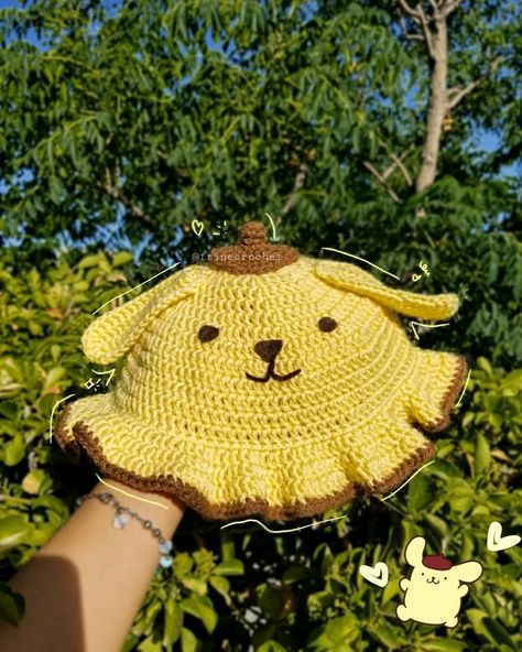 My Melody Bucket Hat Crochet, Crochet Pompompurin Hat, Pompompurin Hat Crochet, Sanrio Crochet Hat, Pompompurin Hat, Sanrio Crochet Free Pattern, Crochet Birthday Hat, Crochet Pompompurin, Sanrio Beanie