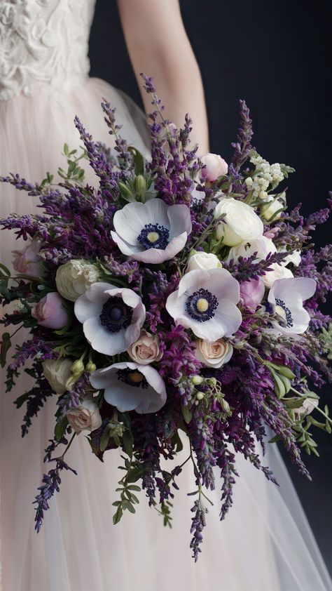 Stylish Lavender and Anemone Wedding Bouquets Deep Purple Flower Arrangements, Dark Purple Bouquet Wedding, Lavender In Bouquet, Forest Bridal Bouquet, June Floral Arrangements, Black White And Lavender Wedding, Dramatic Wedding Bouquet, Purple And Green Wedding Ideas, Purple And Gold Bouquet