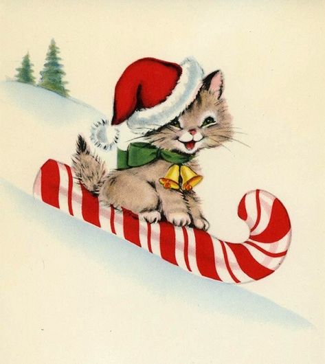 Candy Cane Hat, Cat Christmas Cards, Christmas Kitten, Vintage Christmas Images, Meowy Christmas, Old Fashioned Christmas, Christmas Past, Christmas Cat, Christmas Scenes