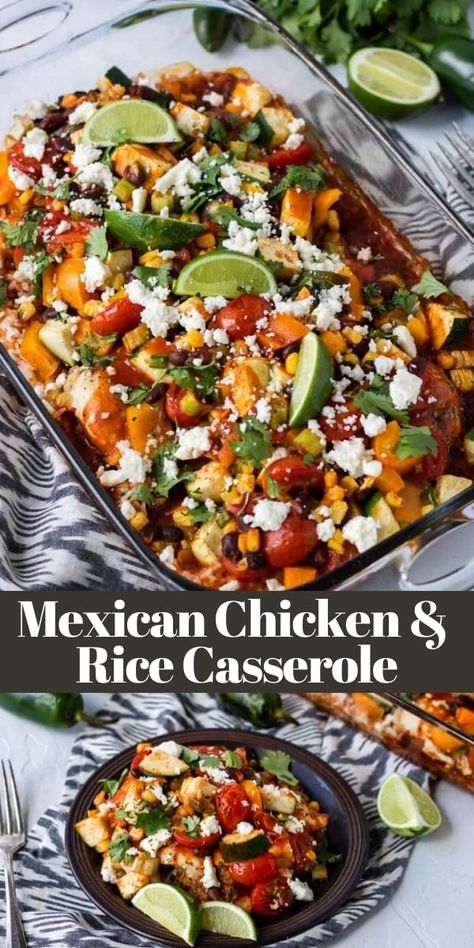 A healthy Mexican Casserole recipe with chicken, rice and plenty of veggies. This is a one pan dinner, everything is cooked together in the oven, including the rice! #mexicandinner #healthymexican #chickenandrice #mexicancasserole Mexican Chicken Rice Casserole, Mexican Chicken And Rice Casserole, Mexican Chicken Rice, Healthy Mexican Casserole, Chili Lime Vinaigrette, Mexican Chicken And Rice, Recipe With Chicken, Vegetables Rice, Mexican Casserole Recipe