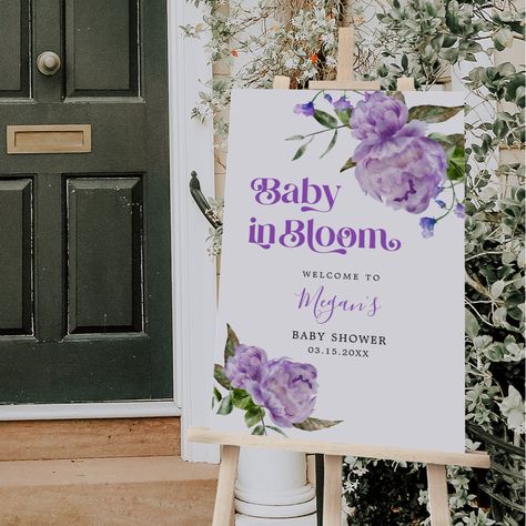 Baby Shower Spring Theme, Lilac Baby Shower, Flower Baby Shower Theme, Floral Welcome Sign, Purple Peony, Baby Shower Purple, Baby In Bloom, Purple Peonies, Spring Baby Shower