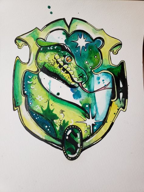 Watercolour painting, Slytherin, (mastercopy of unknown artists' design) Slytherin Painting Ideas, Slytherin Artwork, Slytherin Aesthetic Painting, Slytherin Watercolor, Hogwarts Watercolor Paintings, Slytherin Snake, Slytherin Crest, Watercolour Painting, Harry Potter