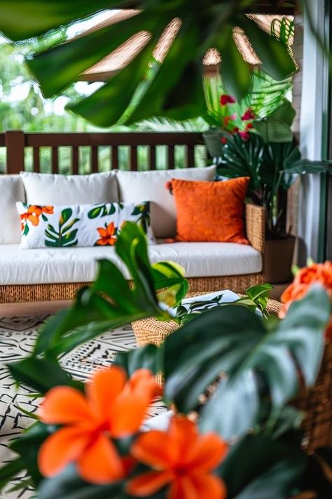 Transform Your Lanai with Chic Decorating Ideas Tropical Entryway Ideas, Tropical Porch Ideas, Lanai Decorating Ideas Florida, Lanai Decorating Ideas, Tropical Porch, Lanai Decorating, Tropical Yard, Colorful Deck, Lanai Design