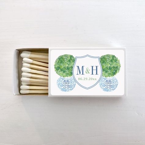 Blue And Green Monogram Country Club Wedding  Matchboxes Wedding Matches Favors, Classic Couples, Wedding Match Boxes, Chinoiserie Wedding, Blue And Blush Wedding, Crest Monogram, Wedding Crest, Watercolor Elements, Boxwood Topiary