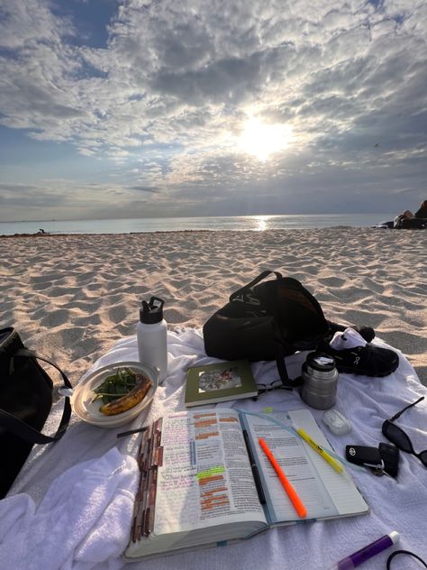 Studying On The Beach Aesthetic, School On The Beach, Journaling At The Beach, Beach Study Aesthetic, Studying At The Beach, Bible Beach Aesthetic, Bible Study On The Beach, Study Summer Aesthetic, College By The Beach