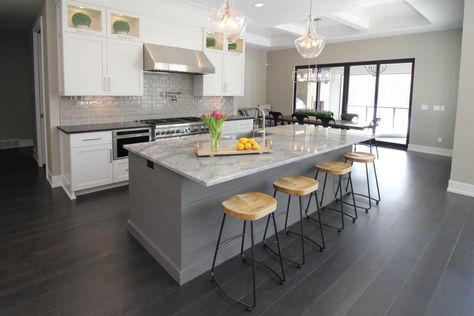 Dark Gray Wood Floors, Gray Subway Tile, Hardwood Kitchen, Gray Subway Tile Backsplash, Hardwood Floors In Kitchen, Gray Counter, Grey Subway Tiles, Grey Wood Floors, Dark Hardwood