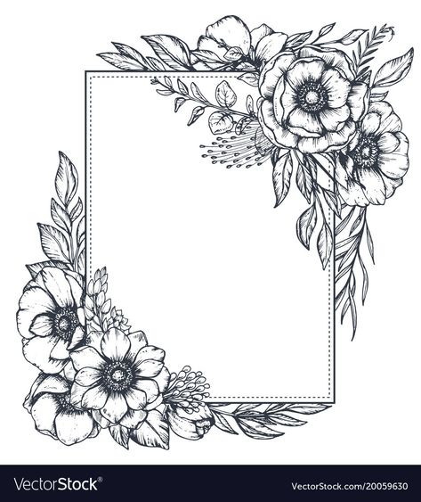 Floral Design Drawing, Framed Tattoo, Flower Line Drawings, Flower Drawing Design, Drawing Frames, Floral Border Design, Anemone Flower, Flower Sketches, Floral Drawing