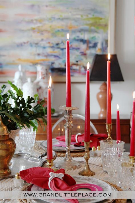 Valentines Table Setting, Valentines Tablescape, Lots Of Candles, Pink Table Settings, Valentine Tablescape, Ranch House Decor, Table Setting Ideas, Thrift Store Decor, Party Tips