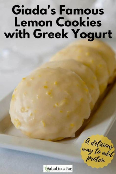 Cookies Made With Greek Yogurt, Greek Yogurt Cookie Recipes, Cookies Made With Yogurt, Giada Lemon Ricotta Cookies, Greek Lemon Cake, Recipes With Yogurt Baking, Frosted Lemon Cookies, Lemon Ricotta Cookies With Lemon Glaze, Yogurt Cookies Recipe