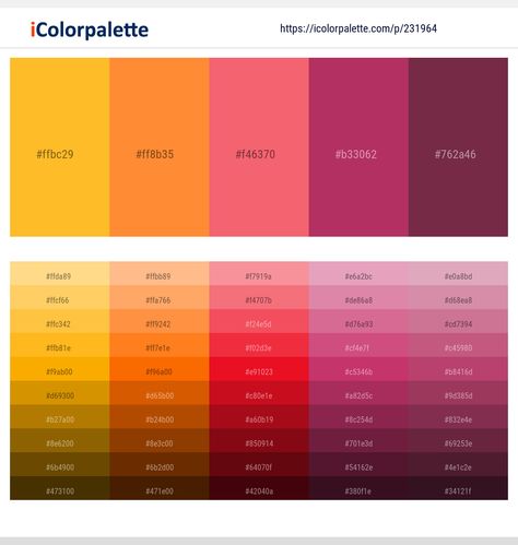 Colors included in this palette similar to Brown, Brown and Brown, Carnation, Claret Red, Coral, Coral and Brown, Coral and Salmon, Dark Gray / smoked, Hibiscus, My Sin, Neon Carrot, . Download color palette as Pdf, Adobe swatch and more. Dandelion Color, Peach Color Schemes, Summer Color Palettes, Purple Color Schemes, Colors Inspiration, Dark Color Palette, Orange Color Palettes, Hex Color Palette, Color Palette Yellow