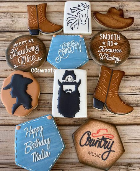 Luke Combs Birthday Cake, Luke Combs Birthday Party, Country Music Cookies Decorated, Morgan Wallen Cookies Decorated, Hank Williams Jr Birthday Party, Country Music Birthday Party, Nashville Cookies, Country Cookies, Western Cookies