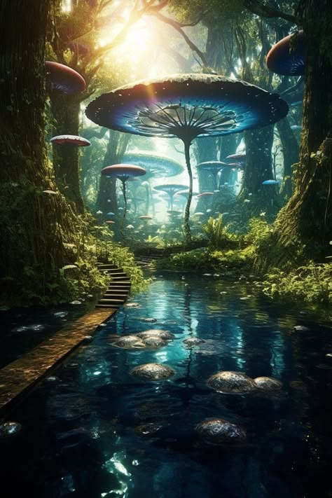 Space Garden Concept Art, Alien Forest Concept Art, Alien Planet Concept Art, Futuristic Forest, Dark Fae Aesthetic, Alien Forest, Fantasy Scenery, Magic Land, Little Mushroom