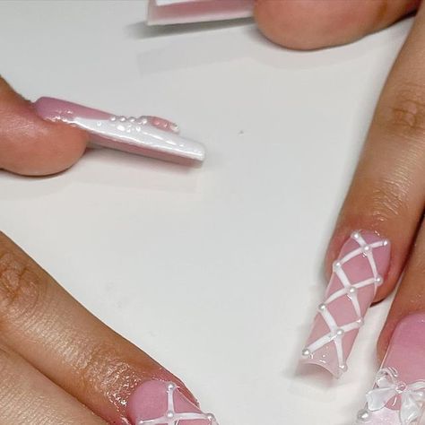 JUNE BOOKED 🥥🌴✨ on Instagram: "🎀🎀🎀 . . . . . . . #nails #nailsnailsnails #nailinspo #pinknails #bownail #coquette #coquetteaesthetic #girlynails #explorepage #explore #nailsofinstagram" Criss Cross Nails, Cross Nail Designs, Girls Nail Designs, Coquette Nails, Cross Nails, Moon Nails, Edgy Nails, Nails Today, Cute Acrylic Nail Designs