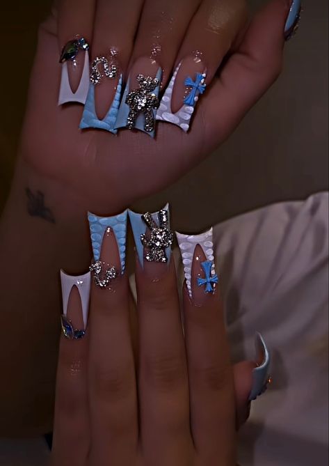 Pretty Blue Nail Designs, Unique Acrylic Nails Creative Short, Duck Nail Designs With Charms, Blue Bling Nails, Duck Nail, Nail Art Designs Valentines, Nail Art Designs Valentines Day, Nail Designs For Beginners, Easy Nail Designs