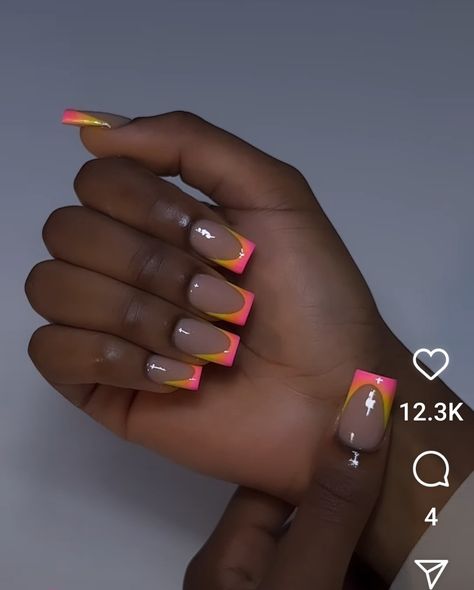 Two Color Nail Design Simple, Yellow Nails Inspiration, Orange And Pink Nails Acrylic Short, Short Nail Designs Orange, Summer Nails Pink And Orange French Tips, Orange And Pink Nails Square, Orange Tip Square Nails, Nails Orange Design, Acrylic Nail Designs Square Orange