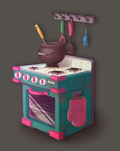 Oven, Sasha Sanfok on ArtStation at https://www.artstation.com/artwork/E4gO8 Fantasy Kitchen Concept Art, Oven Illustration, Kitchen Props Concept Art, Home Appliances Illustration, 2d Concept Art Props, Stylized Props Concept Art, Restaurant Game, Minimalist Poster Design, Barbie Paper Dolls