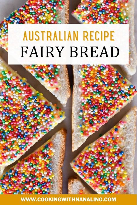 Fairy bread close up, lined up diagonally Fairy Toast Australia, Blue Fairy Bread, Australian Fairy Bread, Fairy Bread Australian, Fairy Bread Recipe, Australian Meat Pie, Camp Snacks, Childrens Baking, Anzac Biscuits