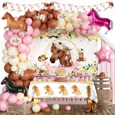 PRICES MAY VARY. 🐴 SOFT AND ELEGANT PINK HORSE PARTY – Your girl is very much in horses? The horse will be one of the perfect themes to celebrate her birthday. The horse with floral patterns creates a soft and elegant vibe. The striking western-styled decorations also give this party a distinctive and wild feeling. Your girl would love this amazing pink horse party. 🎀 HORSE PARTY DECORATIONS FOR GIRL INCLUDES - 70 x 12’’ latex balloons | 30 x 5’’ latex balloons | 3 x 27’’ horse foil balloons | Horse First Birthday Party, Girl Horse Party, Girl Horse Birthday Party, Horse Themed Birthday Party, Cowgirl Birthday Party Ideas, Themed Birthday Decorations, Backdrop Balloon Garland, Horse Party Decorations, Horse Birthday Party