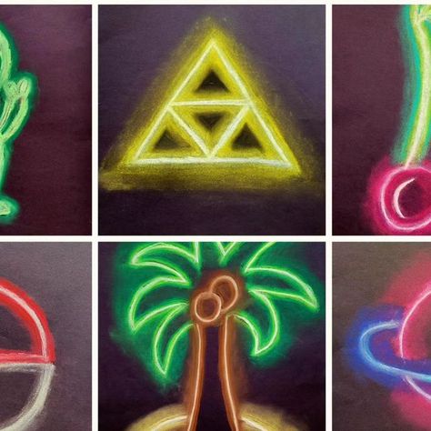 Oil Pastel Art For Elementary School, Chalk Pastel Neon Sign, Light Themed Art Projects, Chalk Pastel Elementary Art, Neon Art Lesson, Neon Oil Pastel Art, Simple Elementary Art Projects, Chalk Pastels Art Ideas, Neon Art Projects For Kids