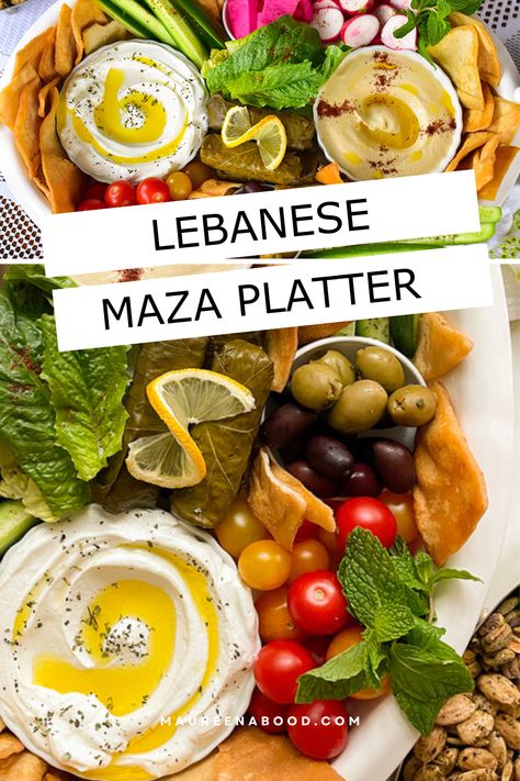 This Lebanese maza platter is the perfect party dish. It's healthy and luscious with hummus, labneh, fresh veggies, olives, pita chips, and more! Mezze Platter Lebanese, Lebanese Mezze Platter, Lebanese Mezze Platter Ideas, Labneh Platter, Turkish Mezze Platter Ideas, Mezze Platter Ideas, Lebanese Mezze, Lebanese Rice Recipe, Turkish Mezze