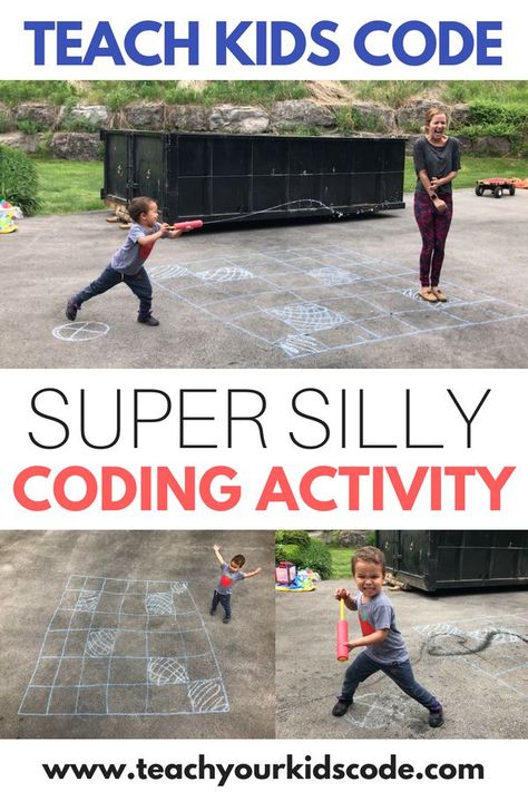 Looking for awesome coding activities for kids? This screen free activity is a perfect STEM activity for kids age 4+. Our no prep activity involves only some sidewalk chalk and a water squirter! Teach basic coding skills with this coding unplugged activity. Anyone can learn coding concepts with this SUPER SILLY and fun outdoor activity for kids. #codingunplugged #STEM #kidsactivity #screenfree #prescoolactivities Coding Activities For Kids, Coding Books, Stem Activity For Kids, Coding Activities, Steam Lab, Basic Coding, Coding Games, Coding Lessons, Fun Outdoor Activities