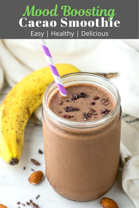 Mood-boosting cacao smoothie - sweet and delicious smoothie filled with mood-boosting ingredients like almond, banana, cacao, and maca powder! #cacaosmoothie #smoothie | myeclecticbites.com Maca Powder Smoothie, Maca Powder Recipe, Cacao Powder Recipe, Maca Smoothie, Cacao Smoothie, Cacao Recipes, Maca Powder, Healthy Drinks Recipes, Magic Bullet