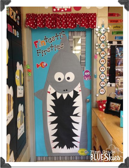 Fun for a Sea/Ocean theme Shark Bulletin Board, Door Bulletin Boards, Ocean Classroom, Ocean Theme Classroom, Reading Month, Funny Shark, Classroom Doors, Teacher Doors, School Doors