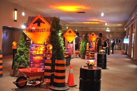 Ronald McDonald House Construction Chic! - Event design by McNabb Roick Events #carlu Construction Theme Corporate Event, Gala Decorations, Event Entrance, Company Christmas Party, Adult Party Themes, Event Booth, Ronald Mcdonald House, Company Party, Grand Foyer