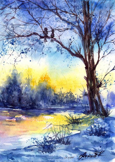 Landscape Drawings Easy, Watercolor Art Blue, Nature Watercolor, Watercolor Pictures, Watercolor Tree, Watercolor Paintings Easy, Watercolor Trees, Paintings I Love, Landscape Drawings