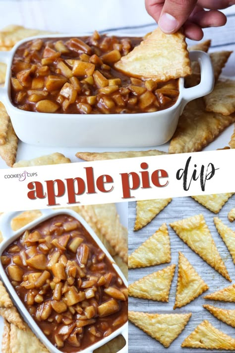 Apple Pie Dip with pie crust chips is going to be your new favorite fall dessert! None of the fuss of baking apple pie, but ALL of the flavor and cozy vibes! Perfect for a game day, a holiday gathering, or a weeknight treat. #cookiesandcups #applepie #piecrust #fallbaking #imperialsugar Apple Pie Dip Recipe, Pie Chips, Pie Crust Chips, Holiday Pie Recipes, Apple Pie Dip, Pie And Chips, Holiday Pies Recipes, Apple Pie From Scratch, Holiday Pie