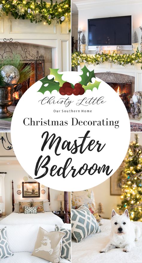 Gorgeous master bedroom dressed for Christmas with traditional touches. #ashwood #benmooreashwood #masterbedroom #christmasbedroom #traditionalchristmas #Neutralchristmasdecor #bluechristmasdecor #ricebed Christmas Bedroom Neutral, Rustic Christmas Decorations Farmhouse Master Bedrooms, Christmas Shelf Decor Ideas Bedroom, Master Bedrooms Decor Christmas, Blue Bedroom Christmas Decor, Christmas Bedrooms Ideas, Bedroom Tree Christmas, Christmas Night Stand Decor, Christmas Trees In Bedrooms