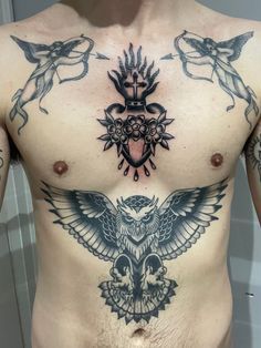 #tattooartist #inkedlife #tattoogallery #bodyart #tattooinspiration #tattooideas #inkedup #tattooaddict #tattoosociety #tattooart #artistsofinstagram #tattoostudio #tattooworld #inklove #tattoomaster #tattoogoals #theartoftattoos #tattedup #skinart Cherub Chest Tattoo Men, Traditional Chest Piece Tattoo Men, Tradition Chest Tattoo, Owl Stomach Tattoos Men, Sacred Heart Tattoo On Chest, American Tradition Chest Tattoo, Sacred Heart Chest Tattoo Men, Traditional Tattoos Chest Piece, Elbow Scar Tattoo Cover Up