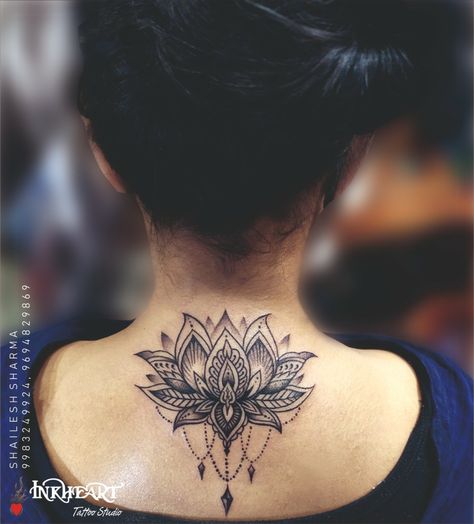 Mandala Flower Tattoos Back, Mandala Tattoo Back Of Neck, Lotus Cover Up Tattoo, Flower Tattoos Back, Tattoo Back Of Neck, Mandala Tattoo Back, Tattoos Back, Tattoo 2023, Mandala Flower Tattoos