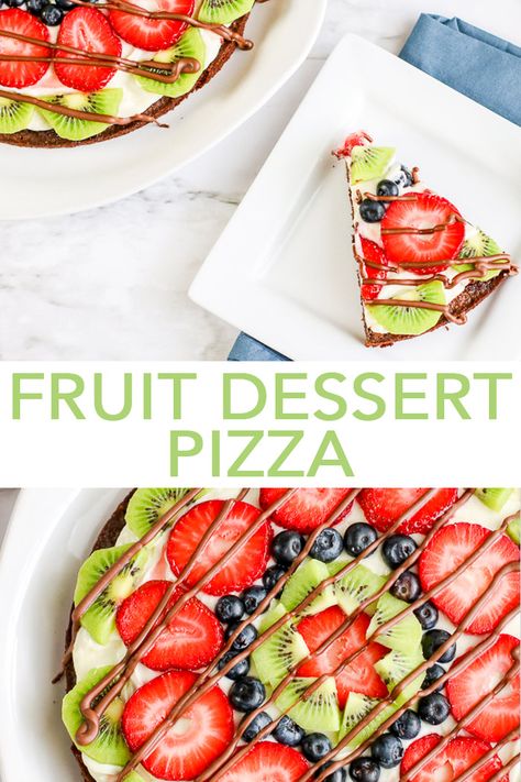 Our fruit dessert pizza has an amazing brownie crust that you will love! Get this easy fruit pizza recipe and whip it up this summer! #dessert #summer #fruit #chocolate Fruit Pizza With Cool Whip, Fruit Dessert Pizza, Dessert Fruit Pizza, Fruit Pizza Icing, Fruit Pizza Cups, Pizza Halloween, Fruit Pizza Frosting, Fruit Pizza Bar, Dessert Pizza Fruit