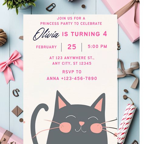 Kitty Cat Birthday Party, Cat Birthday Invitations, Cat Invitations, Cat Princess, Kitten Birthday, Princess Birthday Invitations, Cat Birthday Party, Whimsical Cats, Birthday Invitation Template