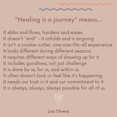 Lisa Olivera on Instagram: “What does healing as a journey mean to you? What would you add to the list? What does it look like for you this week, or today, or this…” What Does Healing Look Like, What Healing Looks Like, Healing Looks Like, Healing Therapy, Different Seasons, Body And Soul, The List, Personal Growth, Cookies Et Biscuits