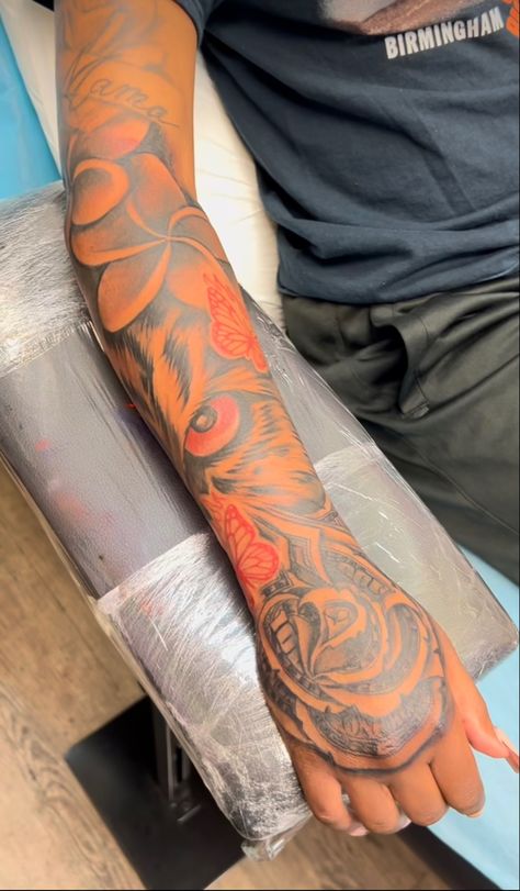 Both Arms Tattoo Sleeve, Sleeve Connector Tattoo, Hand And Forearm Tattoo For Men, Outside Forearm Tattoo Men Ideas, Forarm Sleeve, Forearm Sleeve Tattoo Women, Tattoo Ideas Arm Sleeve, Wrap Around Forearm Tattoo, Color Tattoo For Men