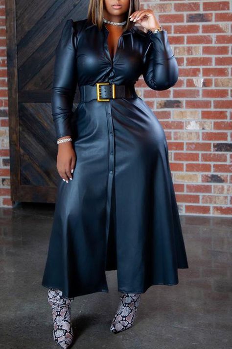 Plus Size PU Leather Casual Solid V Neck Long Sleeve Button Down Midi Dresses(No Belt) Suit Type, First Date Outfits, Long Sleeve Suit, Leder Outfits, Blue Dress Formal, Wardrobe Outfits, Black Women Fashion, Leather Dresses, Leather Style