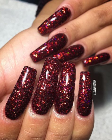 Really Long Nails, Burgundy Acrylic Nails, Red Nails Glitter, Nyc Nails, Coffin Shape Nails, Burgundy Nails, Ballerina Nails, Glitter Nail, Nails Desing