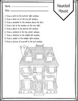 Haunted House, Halloween Following Directions Activity Follow Directions Drawing Activity, Halloween Following Directions Activity, Halloween School Activities, Following Directions Activities, Fall Preschool Activities, Coloring Worksheets, Fast Finishers, Fall Preschool, Drawing Activities