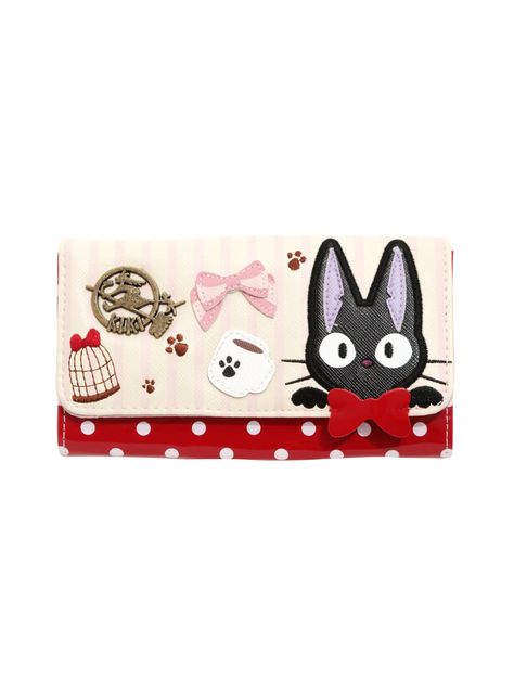 Don't worry, Jiji will watch over your hard-earned delivery money for you. Polyurethane wallet from Studio Ghibli's  Kiki's Delivery Service  with an adorable red and white polka dot print body and a pink and cream striped flap closure that features applique images of a blush and mauve striped bow, a coffee mug, and Jiji's adorable face plus a burnished gold emblem of Kiki and an embroidered bird cage and paw prints. Includes 5 card slots, a clear ID display, zipper coin pouc... Kiki's Delivery Service Merch, Studio Ghibli Merch, Ghibli Merch, Studio Ghibli Kiki's Delivery Service, Ghibli Kiki's Delivery Service, Cat Wallet, Paper Art Sculpture, Hand Drawing Reference, Kiki's Delivery Service