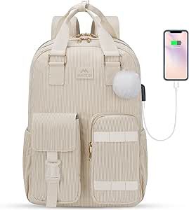 Backpack for Teens Girls, 15.6 Inch Cute Corduroy College School Computer Bookbag with USB Charging Port, TSA Lightweight Soft Travel Backpack Aesthetic Purse Bag for Women Nurse Teacher Work, Beige Aesthetic Purse, Backpack Aesthetic, College Girl Gifts, School Computers, Laptop Backpack Women, Aesthetic Backpack, Kawaii Backpack, Travel Laptop Backpack, Everyday Backpack