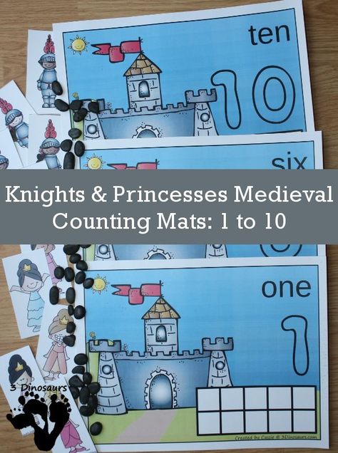 FREE Hands-On Knights & Princesses Medieval Counting Mat with numbers 1 to 10 with ten frames and counting items - 3Dinosaurs.com Eyfs Castles, Eyfs Fairytales, Dragon Activities, Castles Topic, Fairy Tales Preschool, Counting Mats, Fairy Tale Activities, 3 Dinosaurs, Fairy Tale Theme